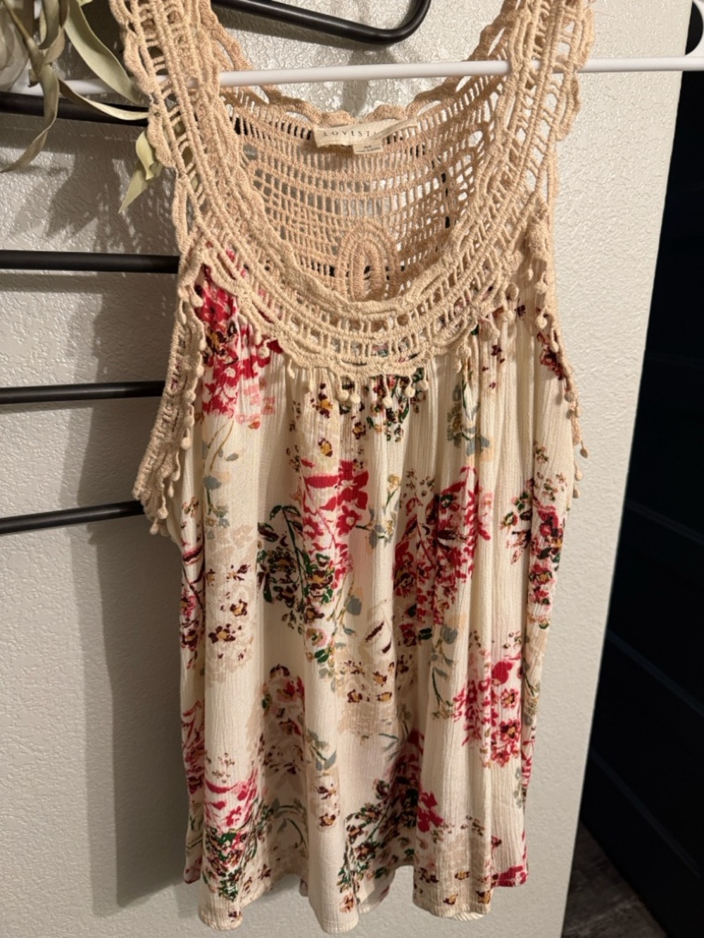 Lovestitch Cream Floral Tank with Crochet Yoke and Pink Florals
